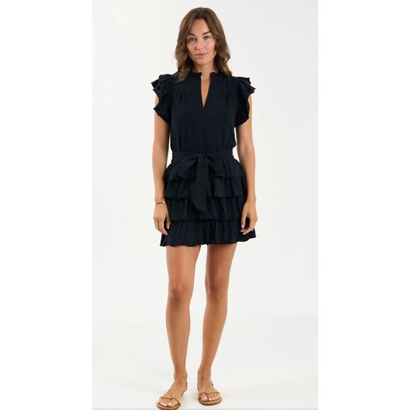Sundays Womens June Flutter Sleeve Ruffle Tiered Mini Dress Black Size Small - Picture 1 of 11